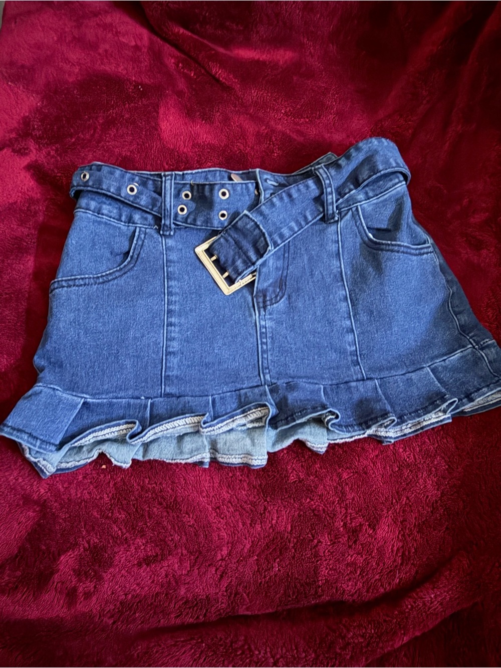 Denim Ruffle Mini Skirt with Belt - Blue